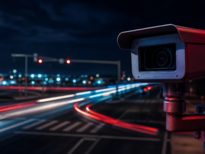 Traffic camera mounted on a pole at a Texas intersection at night