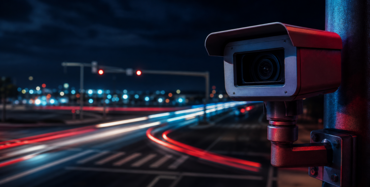 Traffic camera mounted on a pole at a Texas intersection at night