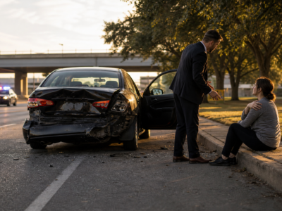 Attorney speaking with an injured driver beside a damaged car on a North Texas roadside