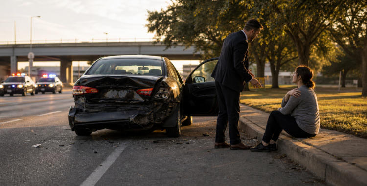 Attorney speaking with an injured driver beside a damaged car on a North Texas roadside