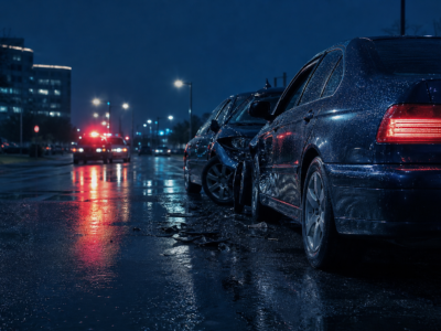 Feizy Law | Plano Car Accident Lawyer: What Injured Drivers Should Know Nighttime Plano roadway after a collision, dark navy scene with red taillight reflections