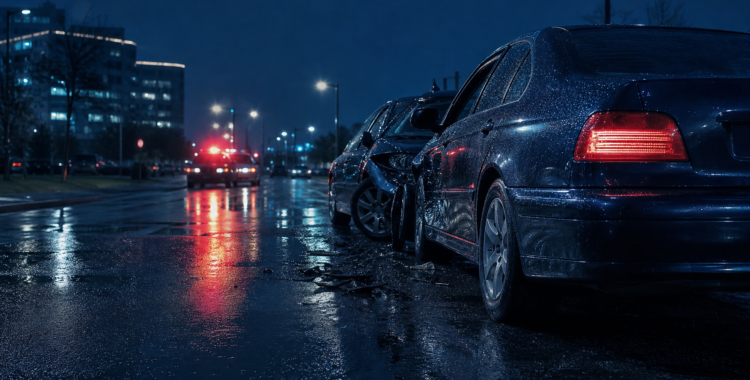 Feizy Law | Plano Car Accident Lawyer: What Injured Drivers Should Know Nighttime Plano roadway after a collision, dark navy scene with red taillight reflections