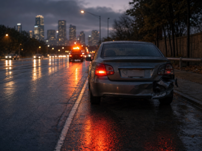 Escena de accidente automovilístico en una calle de North Texas al anochecer