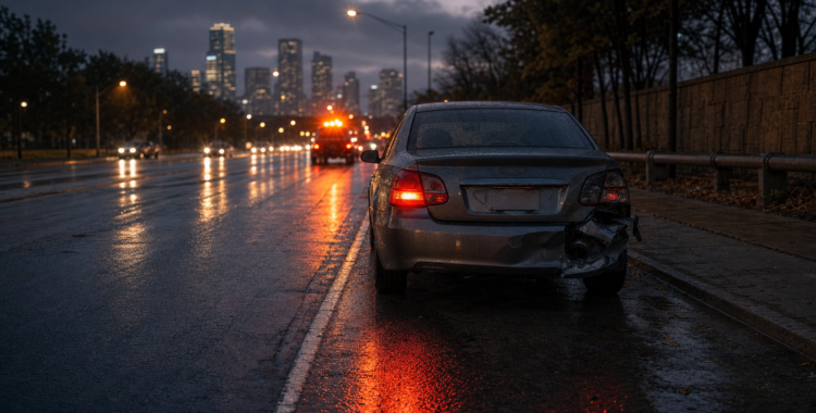 Escena de accidente automovilístico en una calle de North Texas al anochecer