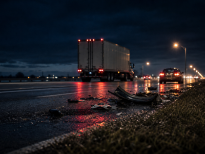 Night highway scene after a commercial truck crash in North Texas