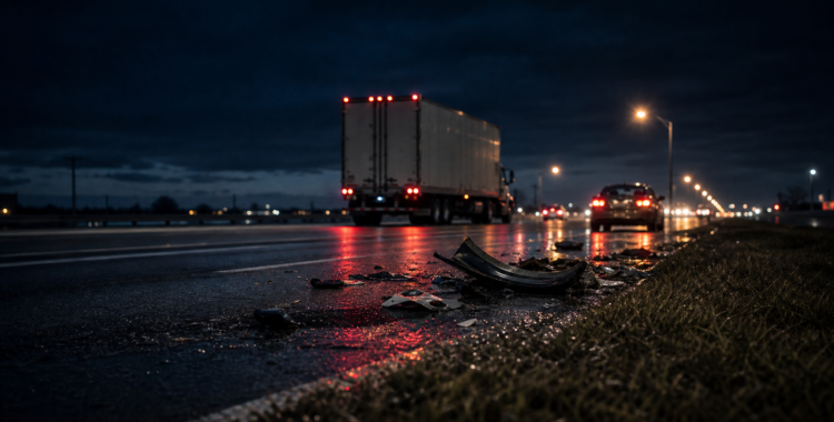 Night highway scene after a commercial truck crash in North Texas