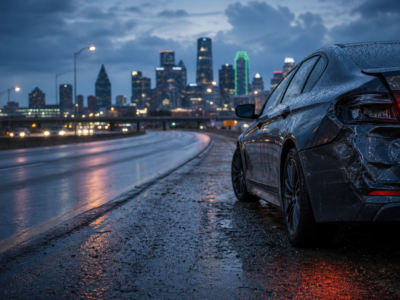Damaged car on a wet Texas freeway shoulder at dusk after a collision