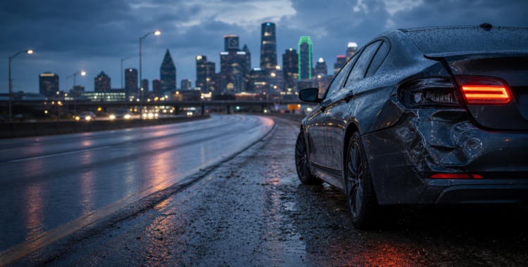 Damaged car on a wet Texas freeway shoulder at dusk after a collision
