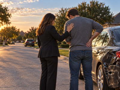 Feizy Law | Back Injury Lawyer Plano: What Crash Victims Should Know Before They Call Person holding their lower back after a car accident on a North Texas street