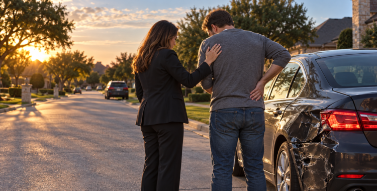 Person holding their lower back after a car accident on a North Texas street