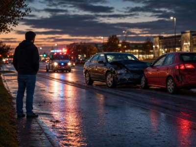 Feizy Law | Auto Crash Law Firms Near Me: How North Texas Drivers Should Choose Counsel Dusk scene after a North Texas car collision on a suburban boulevard