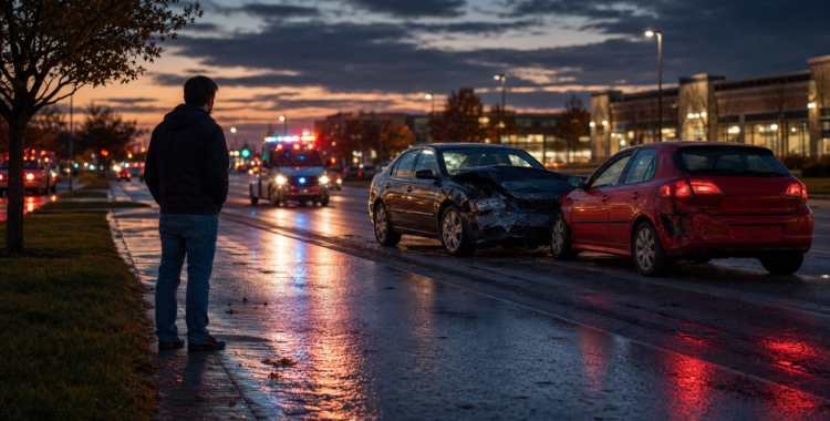 Dusk scene after a North Texas car collision on a suburban boulevard