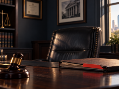 Dark Frisco law office desk and case files after a back injury crash