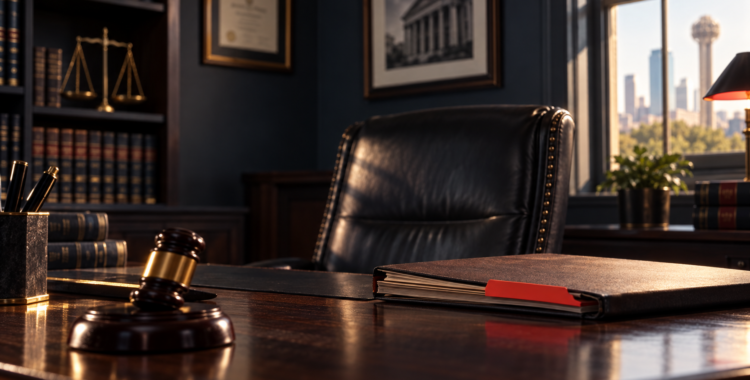 Dark Frisco law office desk and case files after a back injury crash