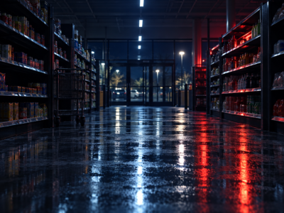 Dark grocery aisle after a store injury, illustrating why a Walmart incident report matters