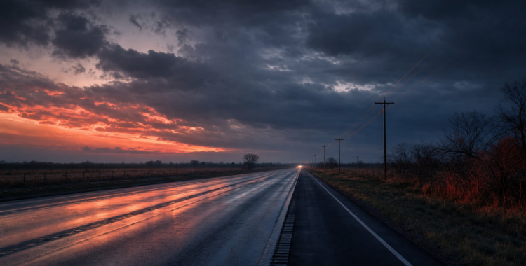 Dark Texas highway at dusk, representing the aftermath of a serious car wreck