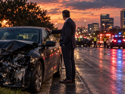 Concerned driver beside a damaged car at dusk on a North Texas boulevard