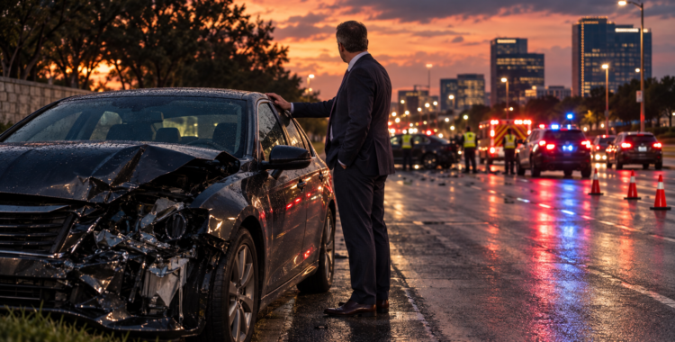 Concerned driver beside a damaged car at dusk on a North Texas boulevard