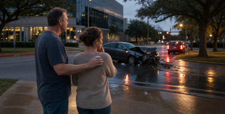Quiet roadside moment after a North Texas car crash near a suburban intersection
