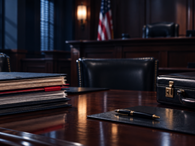 Dark navy legal still life with files and briefcase, Feizy Law Office blog header