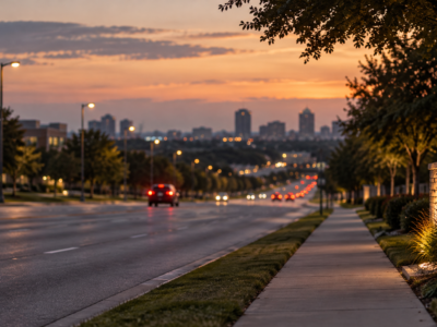 Quiet North Texas roadway at dusk near Plano, symbolizing the path after a car accident