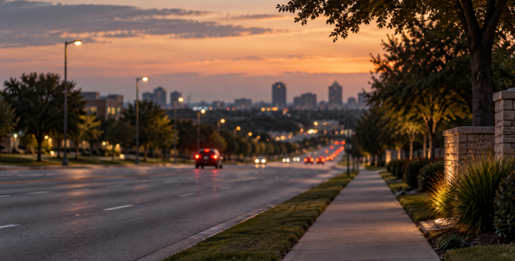 Quiet North Texas roadway at dusk near Plano, symbolizing the path after a car accident