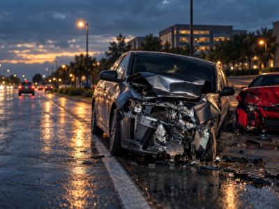 Damaged car on a Frisco-area roadside at dusk after a collision