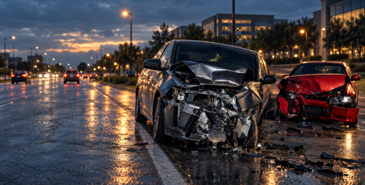 Feizy Law | Frisco Car Accident Attorney: What Injured Drivers Should Know Before They Call Damaged car on a Frisco-area roadside at dusk after a collision