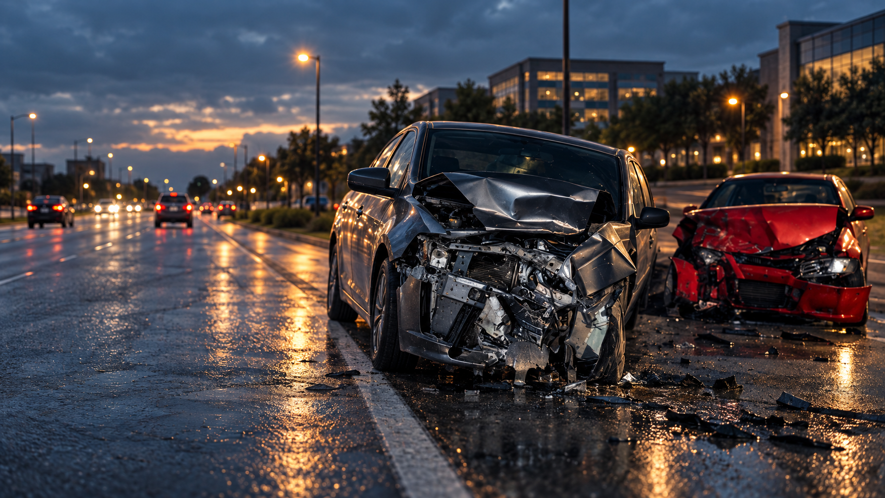 Damaged car on a Frisco-area roadside at dusk after a collision