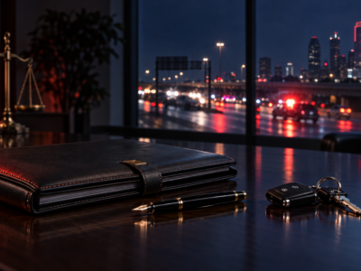 Dark professional still life of legal files, a pen, and car keys after a Texas automobile accident