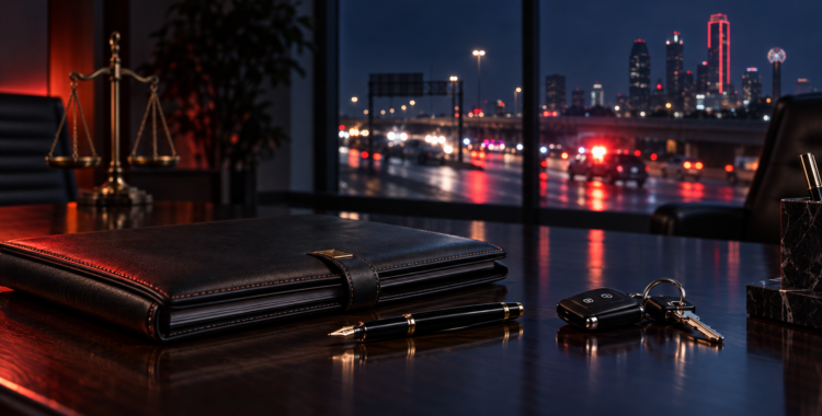 Dark professional still life of legal files, a pen, and car keys after a Texas automobile accident